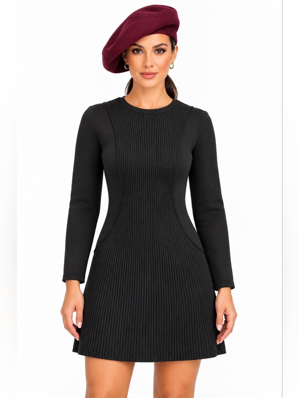 Maje Black Ribbed Knit Fit & Flare Mini Dress Maje 1 US S Long Sleeve A-Line